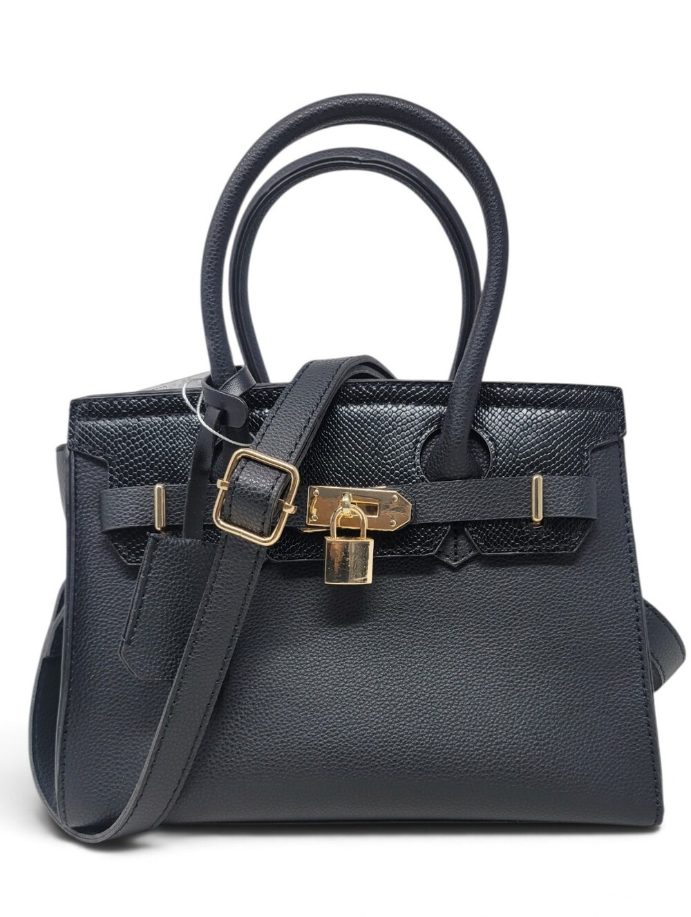 Black Faux Snakeskin Trim Square Crossbody Lock Charm Purse